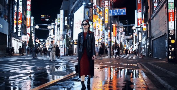 Prompt: A stylish woman walks down a Tokyo street filled with warm glowing neon and animated city signage. She wears a black leather jacket, a long red dress, and black boots, and carries a black purse. She wears sunglasses and red lipstick. She walks confidently and casually. The street is damp and reflective, creating a mirror effect of the colorful lights. Many pedestrians walk about.