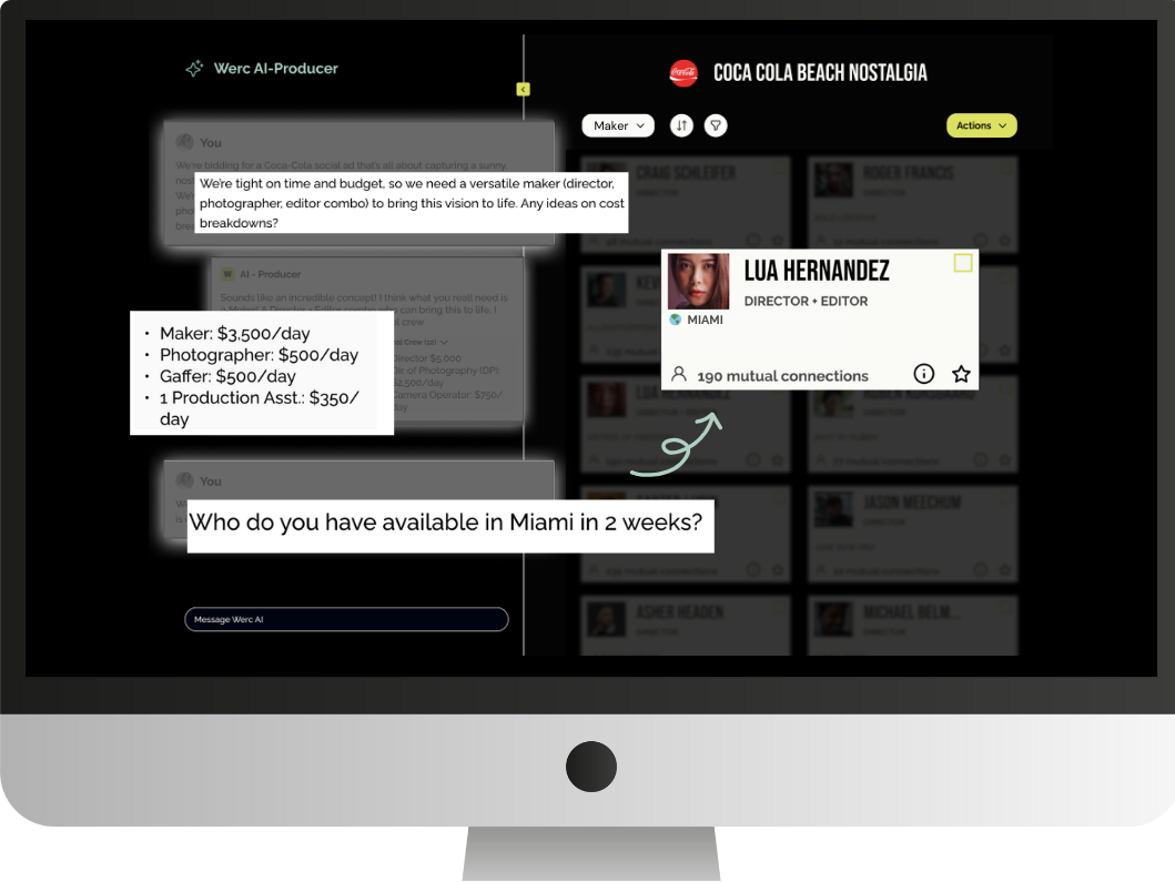 Screenshot of Wercflow AI-Producer platform showing a conversation about sourcing a versatile maker in Miami for a Coca-Cola beach nostalgia ad, including a cost breakdown and availability check.