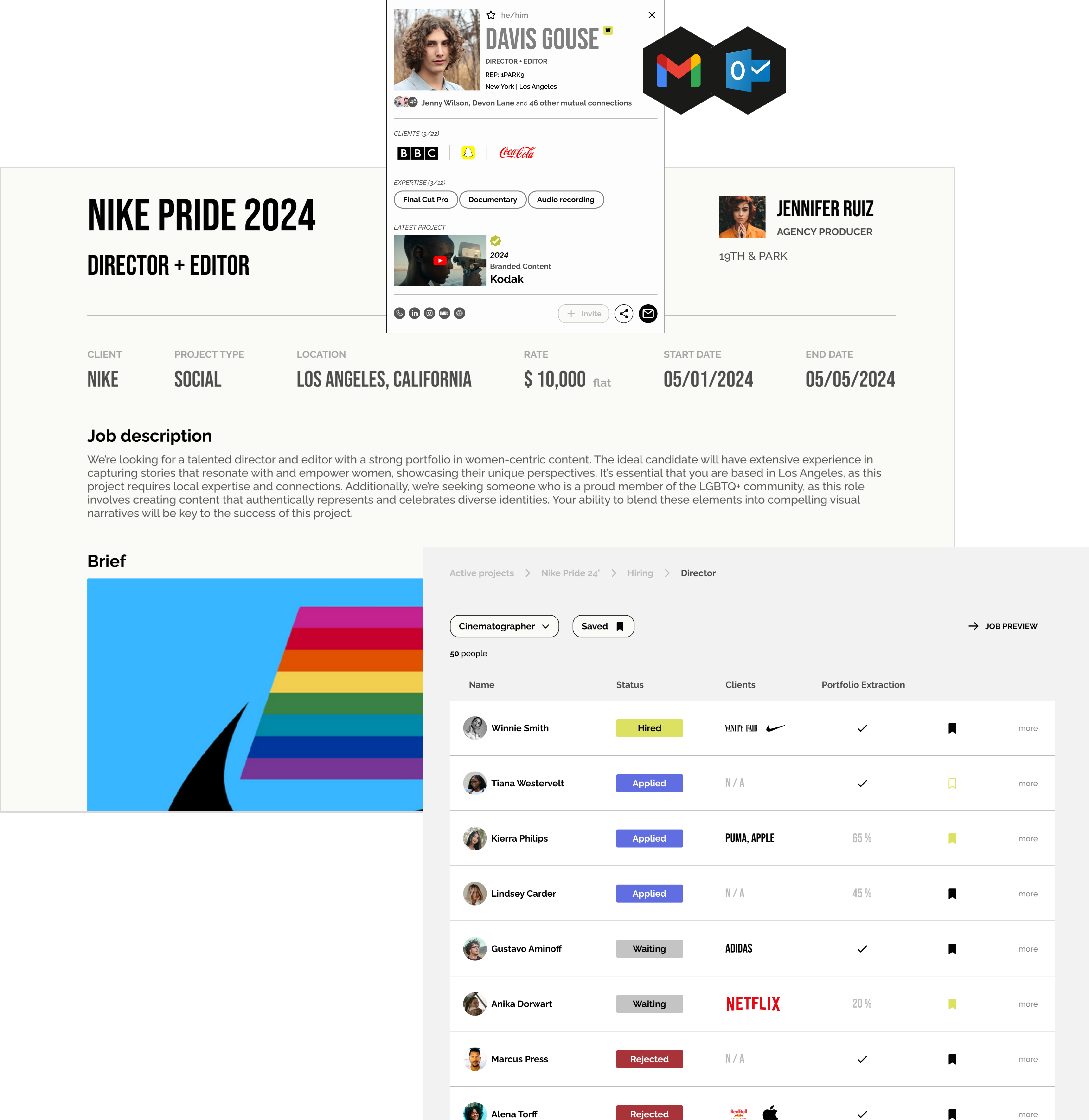 Screenshot of the Wercflow platform showing a job listing for Nike Pride 2024 Director + Editor role, with applicant tracking and candidate profiles.