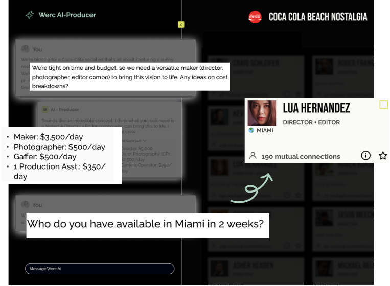 Screenshot of Wercflow AI-Producer platform showing a conversation about sourcing a versatile maker in Miami for a Coca-Cola beach nostalgia ad, including a cost breakdown and availability check.